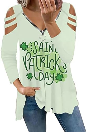 CHEEKEY Aziz Patrick Günü Gömlek Kadınlar için Uzun Kollu Shamrock Soğuk Omuz Üstleri Fermuar V Boyun İrlandalı Festivali Yeşil Üstleri