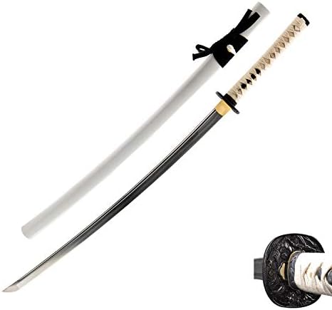 HMS Japon Samurai Katana Kılıç, savaşçı ve Bambu Tsuba, Tamamen El Dövme, 1045 Karbon Çelik, keskin, beyaz Kın, Tamamen İşlevsel