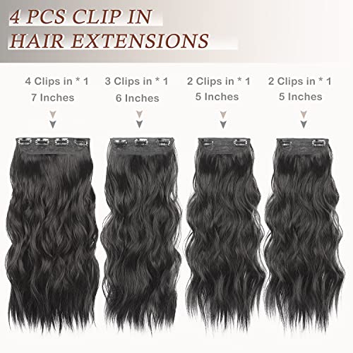 CHRSHN klipsli postiş, siyah saç ekleme 20 İnç Uzun dalgalı saç ekleme Kadınlar için 4 ADET Sentetik Elyaf çift örgülü saç ekleme
