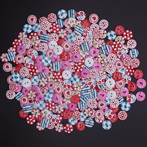 Wepetyo 300 Adet Ahşap Düğmeler, Karışık Retro Düğmeler Çeşitli 2 Delik Yuvarlak Çiçek Boyalı Ahşap Düğmeler DIY Craft Süs için(Rastgele,15mm)