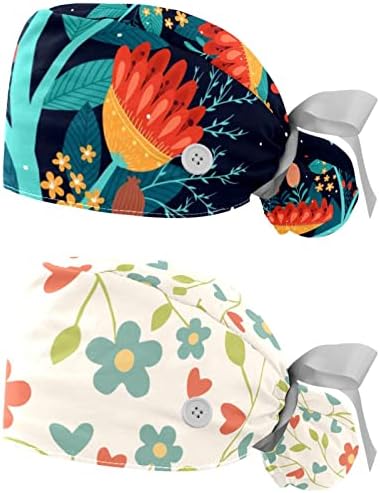 Renkli Çiçek çalışma Kapağı Düğme ve Ter Bandı 2 Paket Cerrahi Cerrahi Şapkalar At Kuyruğu Tutucu, Çok Renkli
