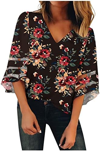 Rahat V Boyun Bluz Kadınlar için 3/4 Çan Kollu Örgü Panel Gömlek Üst Moda Çiçek Gevşek Fit T Shirt Şık Üstleri