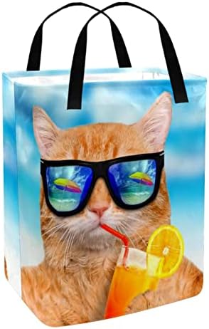 Cooper kız Merhaba Yaz Komik Kedi Baskı Katlanabilir Çamaşır Sepeti, 60L Su Geçirmez çamaşır sepetleri Çamaşır Kutusu Giysi Oyuncak