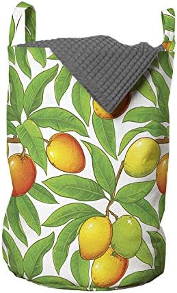 Ambesonne Meyve Çamaşır Torbası, Yapraklı Dallarda Olgun Mango Silüetleri Botanik Desen, Kulplu Sepet Çamaşırhaneler için İpli Kapatma,