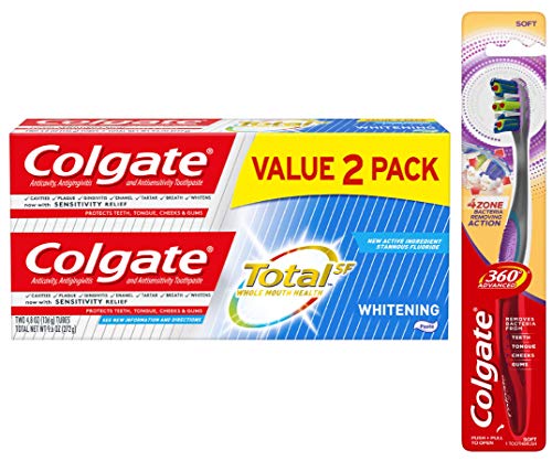 Colgate Total Beyazlatıcı Diş Macunu İkiz Paket ve Gelişmiş 4 Bölgeli Diş Fırçası, Yumuşak