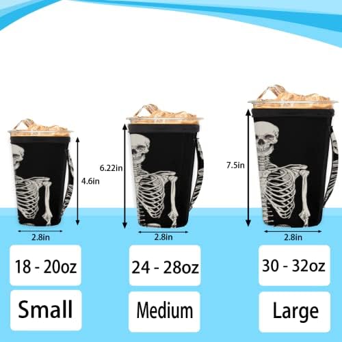 Saplı İnsan Kafatası iskeleti Cadılar Bayramı Buzlu Kahve Kılıfı, Sıcak Soğuk İçecekler için Yeniden Kullanılabilir Neopren Yalıtımlı