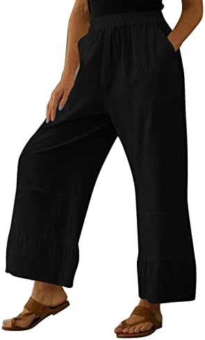 Rahat Yaz Pamuk Keten Pantolon Kadınlar için Gevşek Fit Düz Bacak Pantolon Yüksek Bel Uzun cepli pantolon Rahat Dipleri