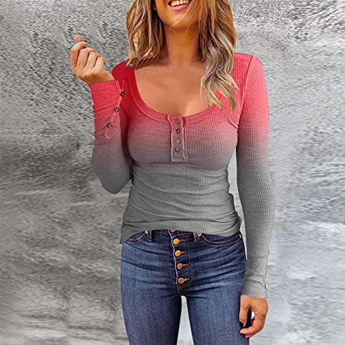 Nervürlü İnce Bluz Gömlek Kadınlar için Degrade Renk Uzun Kollu Üstleri Düğme Henley yakalı tişört