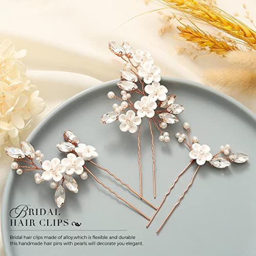 Unicra Çiçek Gelin Düğün saç tokası Gül Altın Kristal Gelin saç parçaları İnci saç aksesuarları Kadınlar ve Kızlar için (3'lü paket)