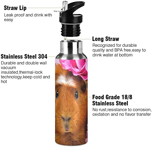 Glaphy Sevimli Komik Kobay Pembe Çiçekler Hasır Kapaklı Su Şişesi, BPA İçermez, 32 oz Su Şişeleri Yalıtımlı Paslanmaz Çelik, Okul,