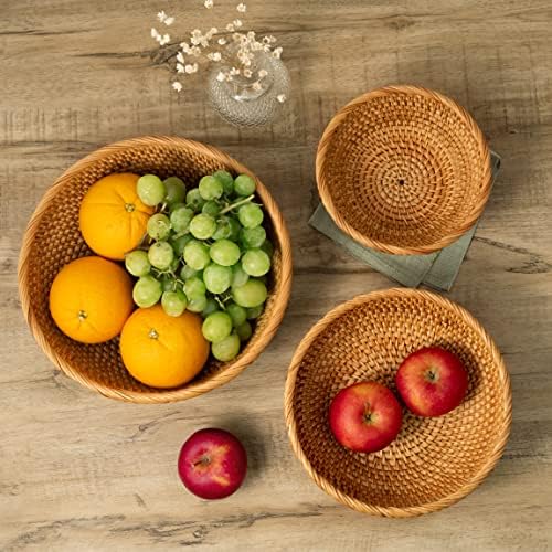 GAİAMADE 3 Yuvarlak Rattan Meyve Sepeti Seti, Servis için Ekmek Sepetleri, Rattan Meyve Kaseleri, Mutfak için Hasır Kaseler, Ev Organizasyonu