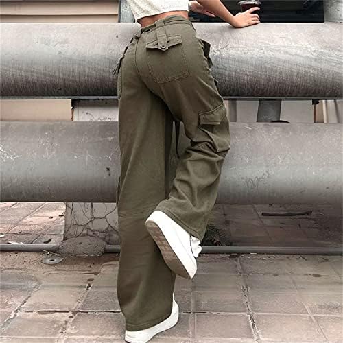 MIASHUI Jean Romper Kadın Pantolon Kadın Çoklu Cepler Kot Geniş Bacak Düz Denim Kargo Pantolon Rahat Düz Jean