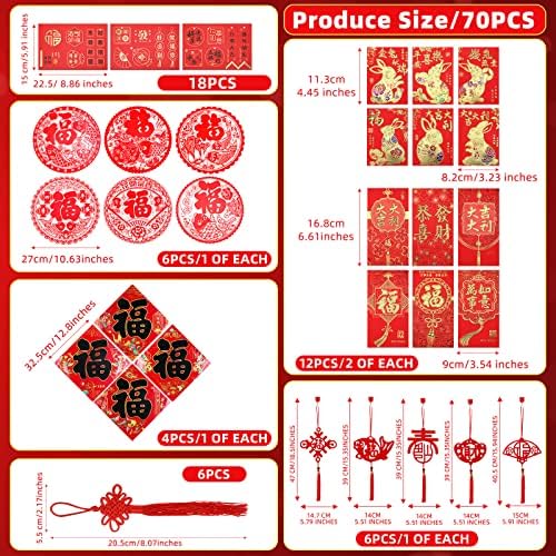 70 Adet Çin Yeni Yılı Dekorasyonu 2023 Çin Beyitleri Kırmızı Fenerler Kırmızı Zarflar Çin Düğümleri Fu Karakter Kağıt Kesimleri Pencere