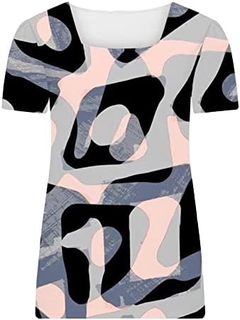 Bayanlar Seksi Üst Kısa Kollu Pamuk Crewneck Kare Boyun Geometri Soyut Sanat Gevşek Fit Üst T Shirt Genç Kızlar 4X