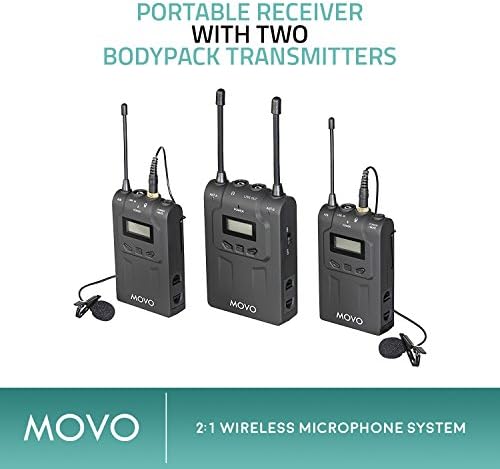 Movo WMIC80 UHF Kablosuz Yaka Mikrofonu Sistemi ile 2 Bodypack Vericiler, taşınabilir Alıcı, 2 Lav Mikrofonlar, ve Ayakkabı Dağı DSLR