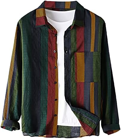 XXBR Güz Gömlek Mens için, uzun Kollu Dantel Up V Boyun Renk Blok Patchwork Tops Vintage Gevşek Casual Hawaiian Gömlek