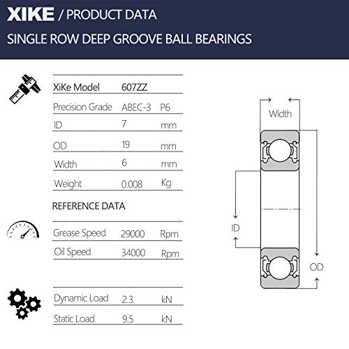 XiKe 10 Adet 607ZZ Çift Metal Contalı Rulmanlar 7x19x6mm, Önceden Yağlanmış ve İstikrarlı Performans ve Uygun Maliyetli, Sabit Bilyalı
