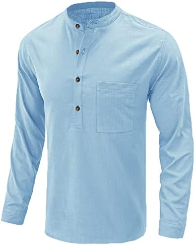 Erkekler için T Shirt Keten Uzun Kollu Üst Katı Standı Yaka V Boyun Kazak Gömlek Cep Düğmesi Üst