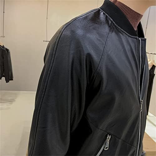 Erkek Suni Deri Tam Zip kolej ceketi Hafif Rahat Beyzbol Ceket Slim Fit Bombacı Ceket Streetwear (Siyah, Büyük)