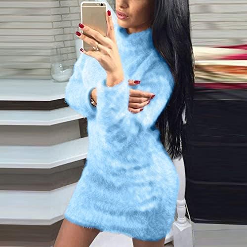 Kadın Midi Kazak Elbise Yuvarlak Boyun Uzun Kollu Peluş Kazak Elbise Bölüm Boyun Kazak Elbise Örme Elbiseler