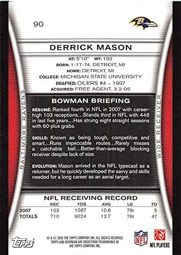 2008 Bowman Futbolu 90 Derrick Mason Baltimore Kuzgunları Topps'tan Resmi NFL Ticaret Kartı