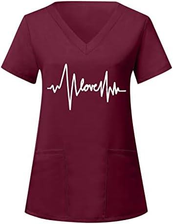 Opak Gömlek Kadınlar için Bayan Kısa Kollu V Boyun Kalp Baskılı Üst Emzikli Çalışma T Shirt Bluz Cepler ile