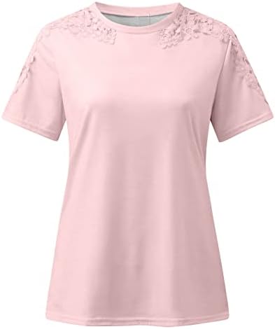 Yazlık gömlek Kadınlar için Kesme Dantel Kısa Kollu Üstleri Yuvarlak Boyun Moda Gömlek Casual Gevşek Fit Renk Bloğu Tee Bluzlar