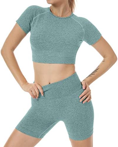 Nicytore yoga kıyafetleri Kadınlar için 2 Parça Set Eşofman Dikişsiz Kısa Kollu Kırpma Üst Egzersiz Tayt Spor