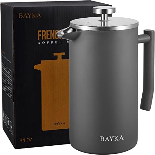 BAYKA Kahve Çay Makinesi 34 oz, 304 Paslanmaz Çelik Yalıtımlı kahve presi 4 Filtre Ekranlı, Paslanmaz, Bulaşık Makinesinde Yıkanabilir,