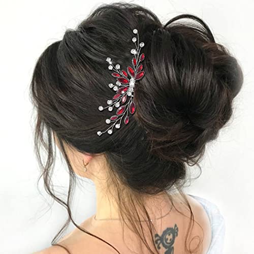 Unicra Gelin Gümüş Düğün Saç Tarak Sparkly Kristal Gelin saç parçası Taklidi saç aksesuarı Kadınlar ve Kızlar için (Kırmızı-kırmızı)