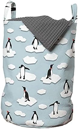 Lunarable Penguenler Çamaşır Torbası, Buzda Sürekli Hayvan Deseni Kış Karikatürü Komik Antarktika, Kulplu Sepet Çamaşırhaneler için