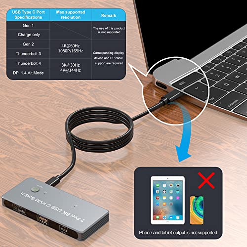Anehmeta USB-C KVM Anahtarı, 8K KVM Anahtarları DP 1.4 2xUSB-C PC'den Bir DisplayPort Monitörüne 8K@60Hz 4K@144Hz 3X USB2.0 Paylaşım