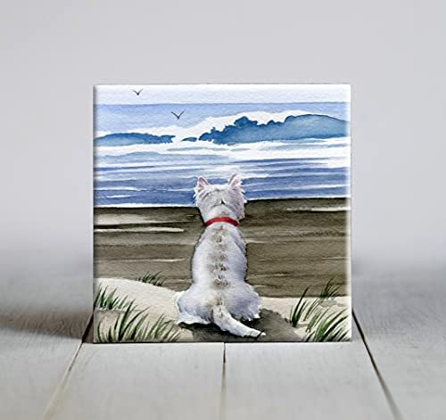 West Highland Terrier Plajı Suluboya Köpek Sanatı Dekoratif Karo (6 X 6 Çerçeveli)