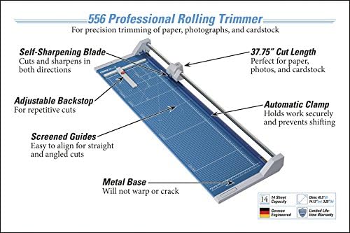 Dahle 556 Professional Rolling Trimmer, 37-3 / 4 Kesim Uzunluğu, 14 Sayfa Kapasite, Kendiliğinden Bilenen, Otomatik Kelepçe, Alman