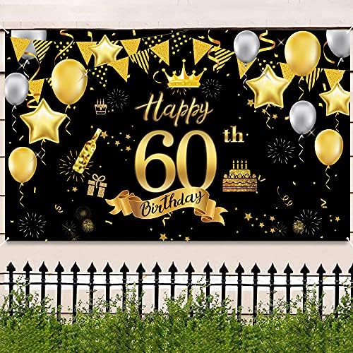 Mocossmy Mutlu 60th Doğum Günü Arka Plan Afiş Parti Dekorasyon, Ekstra Büyük Siyah Altın Mutlu Doğum Günü İşareti Posteri Fotoğraf