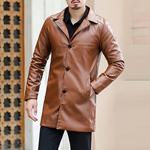 Erkek Vintage Faux Deri Uzun Ceket Retro Çentik Yaka PU Trençkot Rahat Polar Gotik Ceket Palto