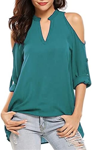 Andongnywell kadın Düz Renk Gömlek Renk V Boyun Üstleri V Boyun Kapalı Omuz kısa kollu tişört