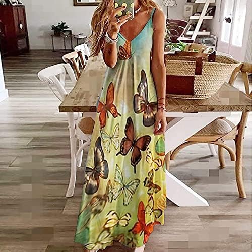 Bayan Yaz Elbiseler Kelebek Çiçek Baskılı Maxi Elbise Kadınlar için V Boyun Spagetti Kayışı Rahat Uzun Sundress
