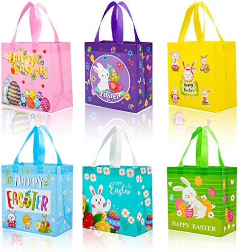 Saplı 6 Adet Paskalya Dokunmamış Çantalar, Çocuklar için Mutlu Paskalya Hediye Çantaları, İkram Çantaları Tavşan Tavşanı, Yeniden Kullanılabilir