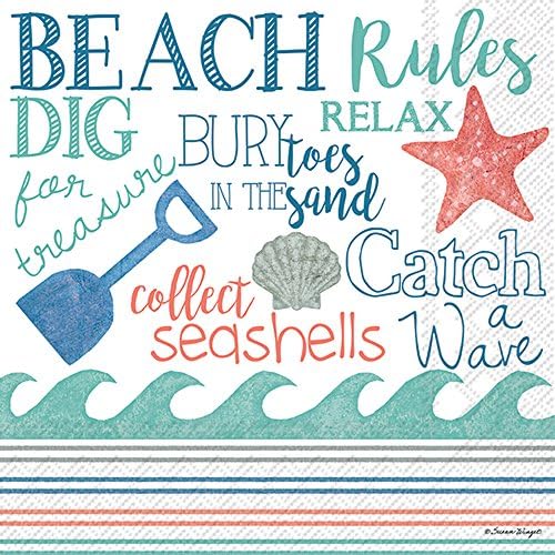 Evde Plaj Temalı 3 Katlı Kağıt Kokteyl Peçetelerini Kutlayın, Plaj Kuralları, 20 Sayım