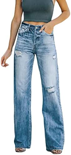 MIASHUI Çan Alt Pantolon Kadınlar için Kadınlar Sıkı Yüksek Belli Düz Pantolon Yırtık Rahat Düz Boyutu 20 Pantolon