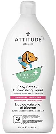 ATTİTUDE Bebek Ürünleri için Sıvı Bulaşık Sabunu, Süt Kalıntılarına Dayanıklı, Hipoalerjenik Bitki ve Mineral Bazlı Formül, Vegan ve