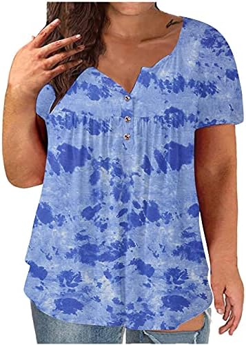 Bayan Artı Boyutu Tunik Üstleri Flowy Henley Gömlek Çiçek Baskı Kısa Kollu Yaz Bluz Düğmeleri Bluzlar Pilili Tunikler