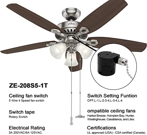 Zıng Kulak ZE-208S5 - 1T 5 Tel 4 Hız tavan vantilatörü döner anahtar ışıklı tavan fanı Lambası Değiştirme anahtarı Nikel Çekme Dize