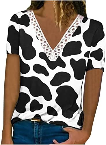 Yaz 2023 Çiçek Baskılı Üstleri Kadınlar için Tığ İşi Dantel Trim V Boyun Gömlek Kısa Kollu Tişörtleri Casual Bluz Tunik Tee