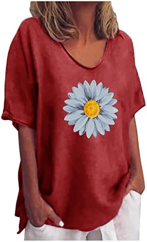 Pamuk Keten Kadınlar için Tops Moda Çiçek Grafik Kısa Kollu Tunik Tees Gevşek V Boyun Rahat Rahat Gömlek Bluzlar
