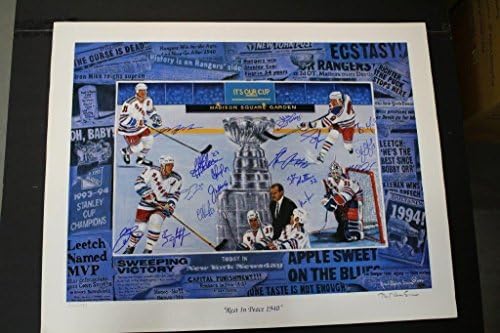 NY Rangers 94 Stanley Kupası Takımı İmzaladı Litho 16 Sigs Leetch Messier Steiner ORTAK İmzalı NHL Sanatı