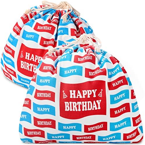 2 Adet 20×16 inç Büyük Doğum Günü İpli Hediye Çantası Kırmızı ve Mavi ile Basılmış İpli Kanvas Hediye Keseleri Mutlu Yıllar Bayrakları
