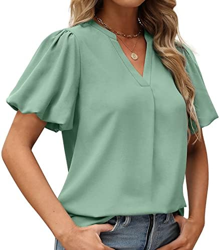 Kadın Şık Gömlek Puf Kısa kollu T-Shirt Üstleri Moda Rahat V Boyun Tunik Tees Katı Düz Sevimli İş Bluzları