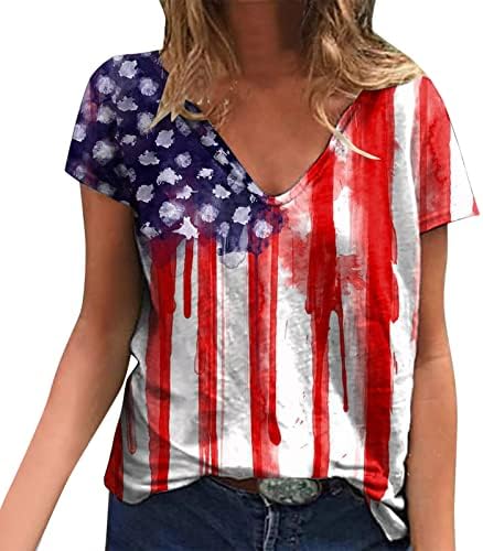 4th Temmuz Gömlek Kadınlar için Rahat Yaz Amerikan Bayrağı Tişörtleri Gömlek Kısa Kollu V Yaka Yıldız Çizgili Kravat Boya Bluzlar